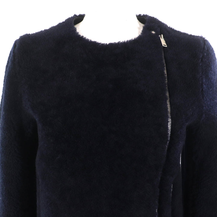 極美品△CELINE セリーヌ 2 5K10/5525 フィービー期 ラムスキン ムートン シアリング ノーカラー ライダース ジャケット 紺色 34 正規品