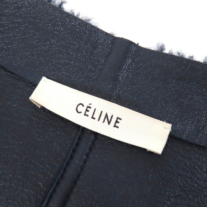 極美品△CELINE セリーヌ 2 5K10/5525 フィービー期 ラムスキン ムートン シアリング ノーカラー ライダース ジャケット 紺色 34 正規品