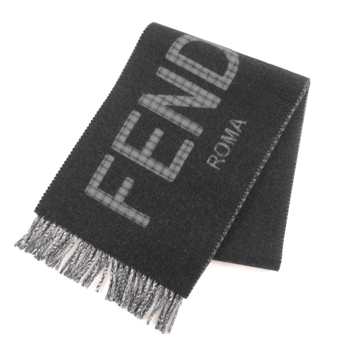 極美品★FENDI フェンディ FXT334 ウール カシミヤ混 ロゴデザイン チェック柄 フリンジ付 マフラー チャコールグレー TU 袋付 正規品