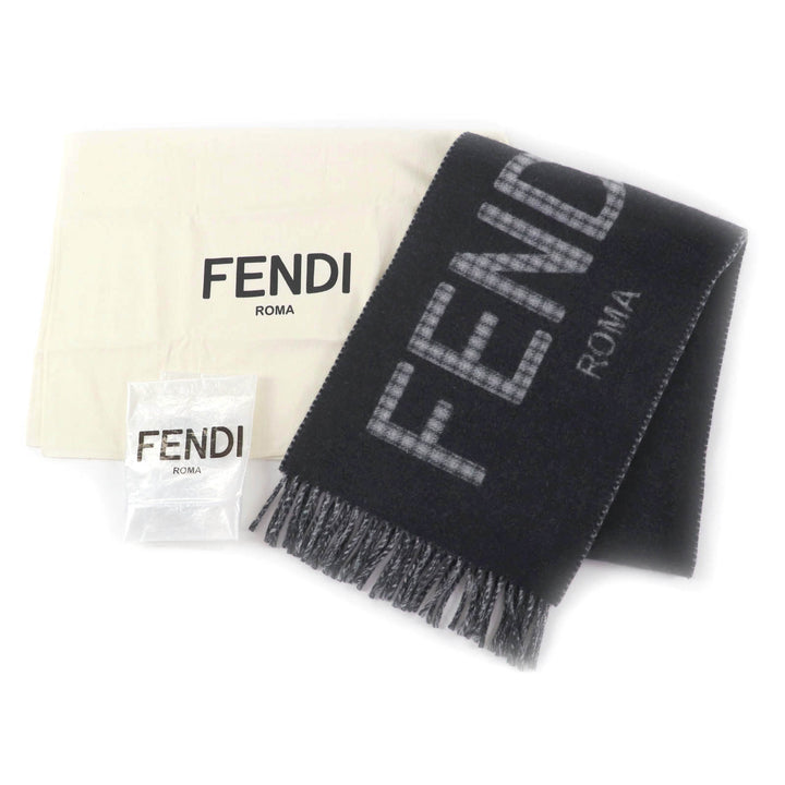 極美品★FENDI フェンディ FXT334 ウール カシミヤ混 ロゴデザイン チェック柄 フリンジ付 マフラー チャコールグレー TU 袋付 正規品