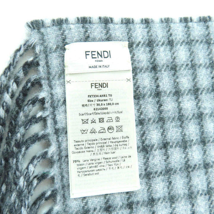 極美品★FENDI フェンディ FXT334 ウール カシミヤ混 ロゴデザイン チェック柄 フリンジ付 マフラー チャコールグレー TU 袋付 正規品