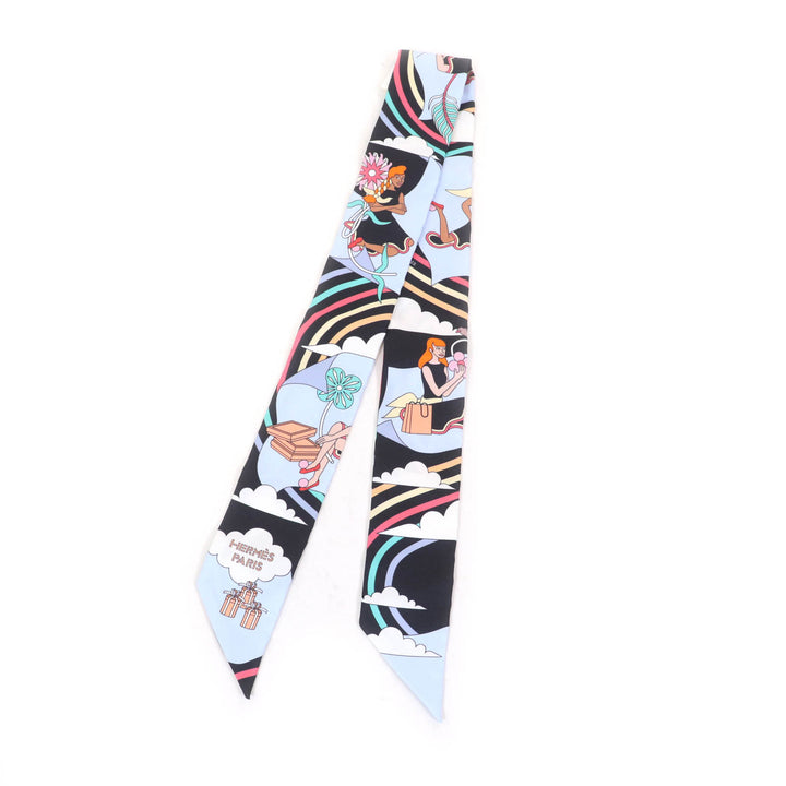 未使用品★HERMES エルメス CARRES VOLANTS 空飛ぶカレ シルク100% NOIR/CIEL/MULTICOL ツイリー スカーフ 箱付き フランス製 レディース