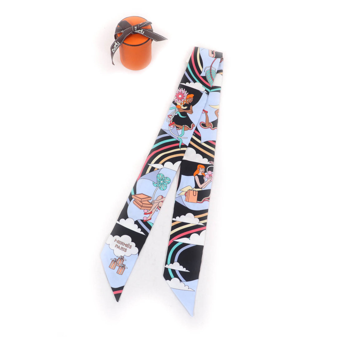 未使用品★HERMES エルメス CARRES VOLANTS 空飛ぶカレ シルク100% NOIR/CIEL/MULTICOL ツイリー スカーフ 箱付き フランス製 レディース