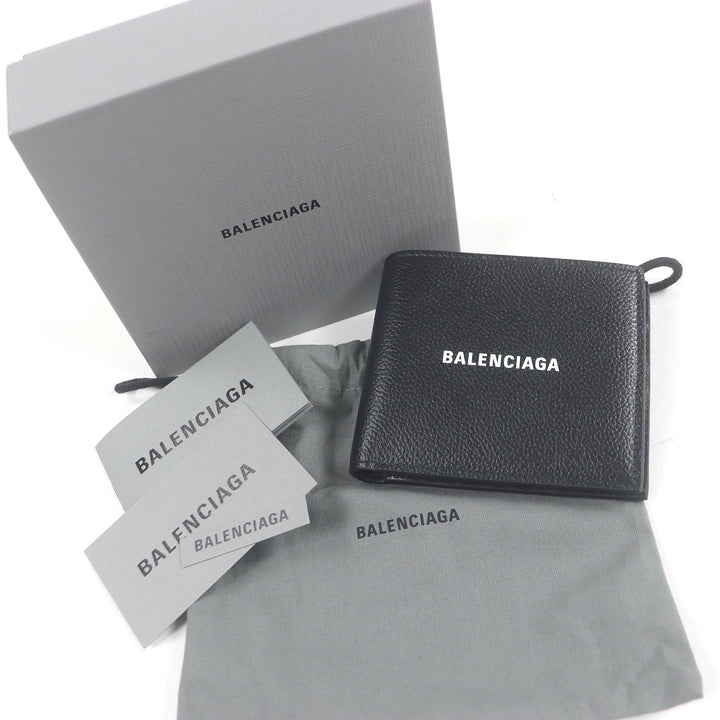 未使用品□BALENCIAGA バレンシアガ 594549 ロゴ入り レザー 二つ折り コンパクトウォレット 札入れ ブラック 箱・保存袋付 イタリア製