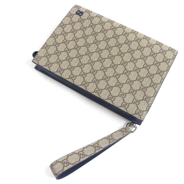 未使用品▼GUCCI グッチ 768255 GGスプリームキャンバス レザー GG金具 バイカラー スモールポーチ クラッチバッグ ベージュ ブルー 箱付