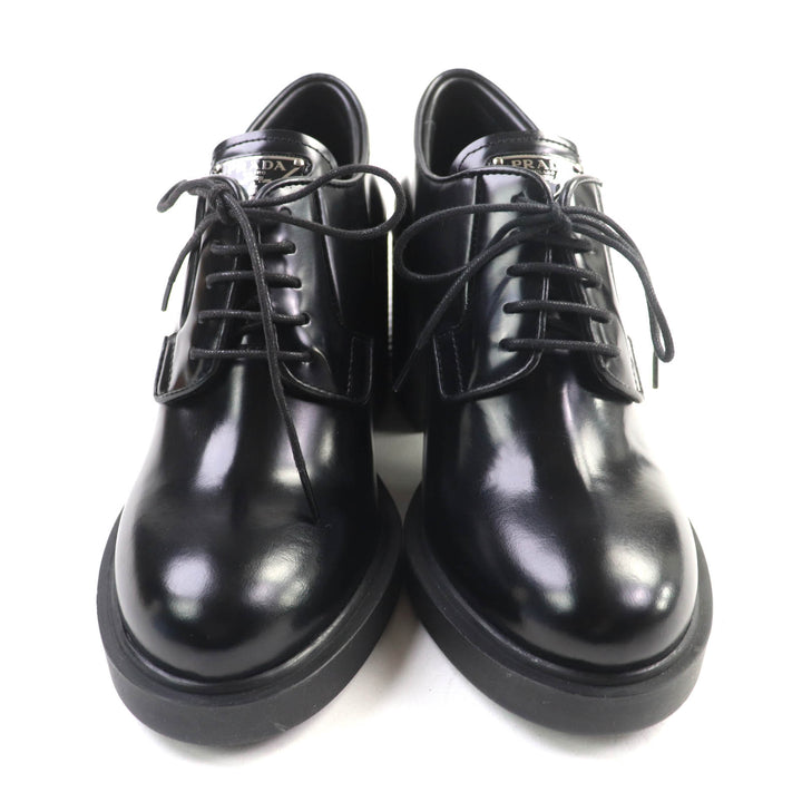 極美品★PRADA プラダ 1E976Mトライアングルロゴ チャンキーヒール レザー ローファー ブラック 36 箱・保存袋付 イタリア製 レディース