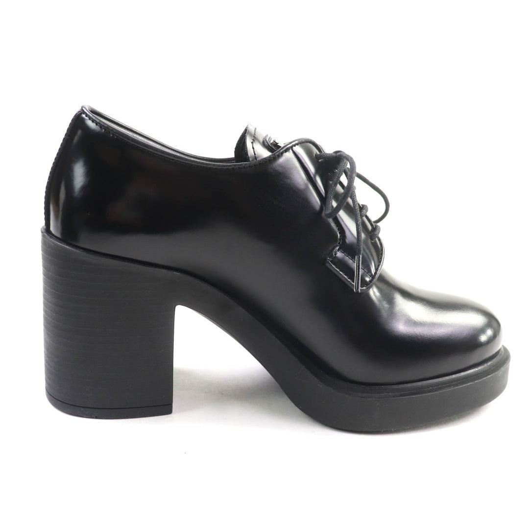 極美品★PRADA プラダ 1E976Mトライアングルロゴ チャンキーヒール レザー ローファー ブラック 36 箱・保存袋付 イタリア製 レディース