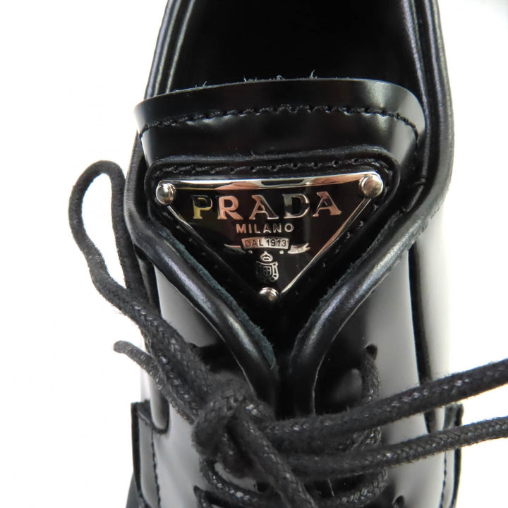 極美品★PRADA プラダ 1E976Mトライアングルロゴ チャンキーヒール レザー ローファー ブラック 36 箱・保存袋付 イタリア製 レディース