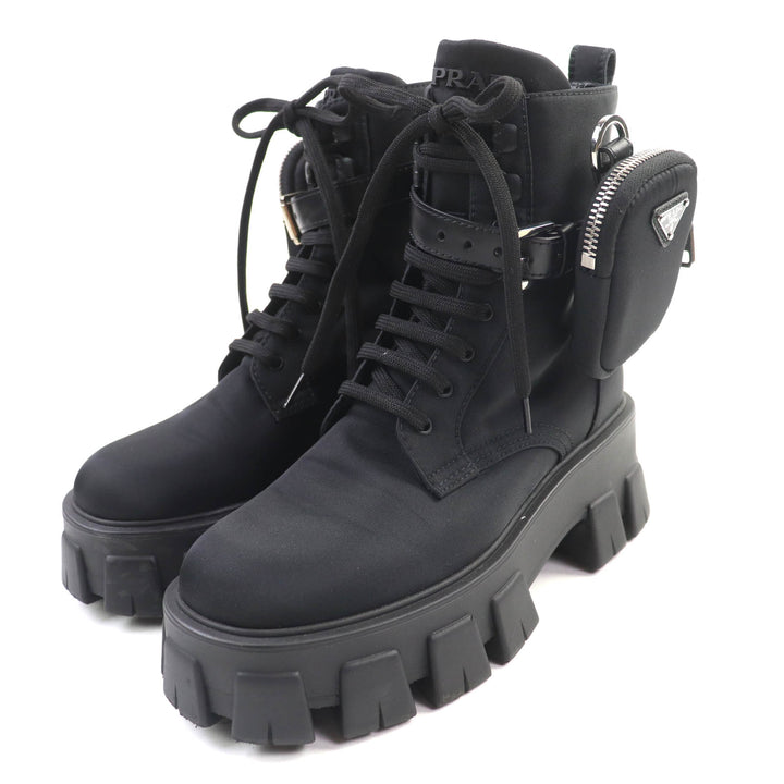 美品★PRADA プラダ 1T549M モノリス ポーチ付 トライアングルロゴ Re-Nylon レースアップ ショートブーツ ブラック 35.5 イタリア製