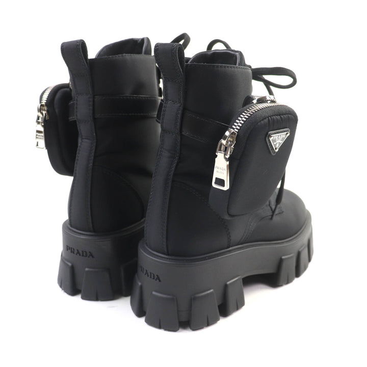 美品★PRADA プラダ 1T549M モノリス ポーチ付 トライアングルロゴ Re-Nylon レースアップ ショートブーツ ブラック 35.5 イタリア製