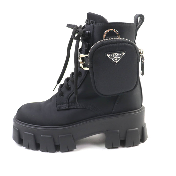 美品★PRADA プラダ 1T549M モノリス ポーチ付 トライアングルロゴ Re-Nylon レースアップ ショートブーツ ブラック 35.5 イタリア製