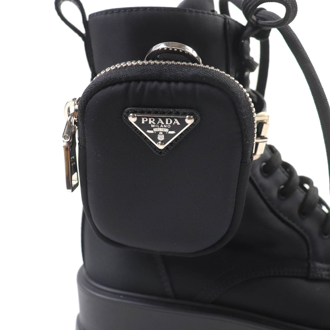 美品★PRADA プラダ 1T549M モノリス ポーチ付 トライアングルロゴ Re-Nylon レースアップ ショートブーツ ブラック 35.5 イタリア製