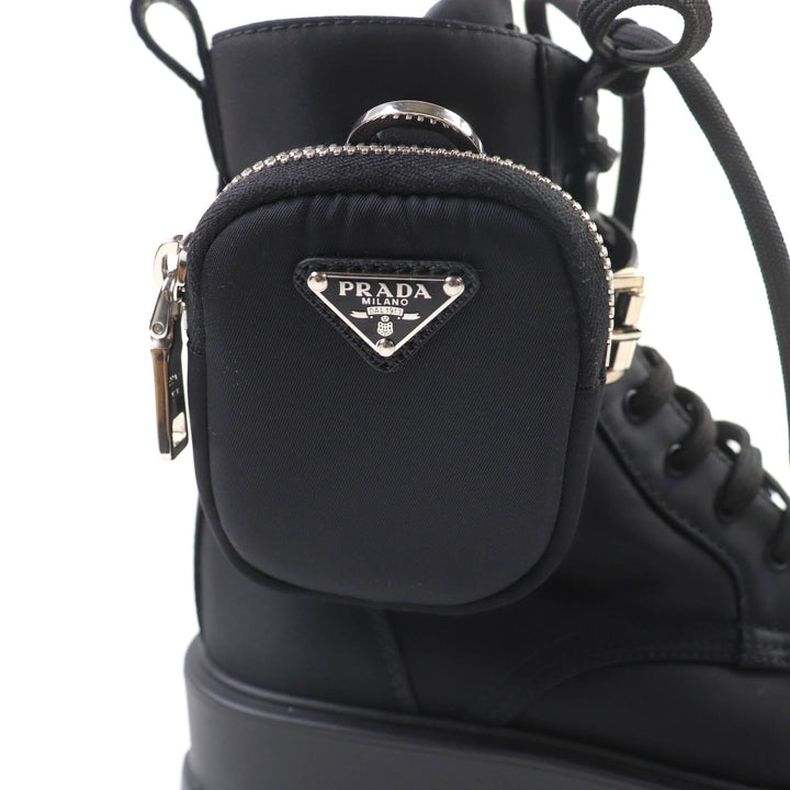 美品★PRADA プラダ 1T549M モノリス ポーチ付 トライアングルロゴ Re-Nylon レースアップ ショートブーツ ブラック 35.5 イタリア製