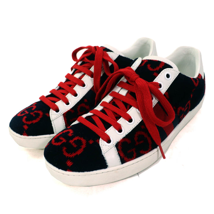 美品△GUCCI グッチ 431910 テリークロス GG柄 パイル地 レザー使い ローカットスニーカー ブラック レッド ホワイト 36.5 イタリア製