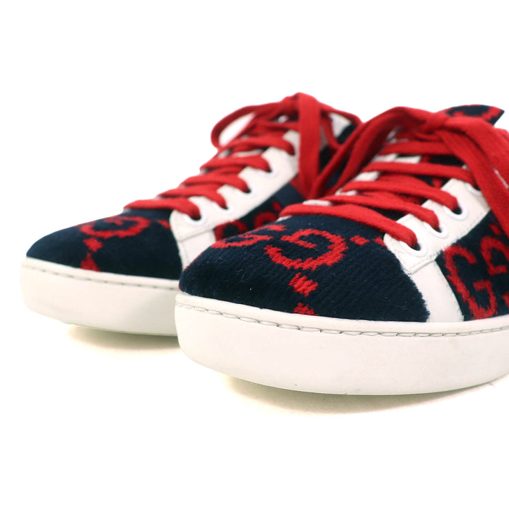 美品△GUCCI グッチ 431910 テリークロス GG柄 パイル地 レザー使い ローカットスニーカー ブラック レッド ホワイト 36.5 イタリア製
