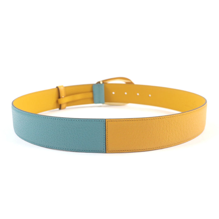 極美品▼GUCCI グッチ Memorable Buckle 709954 Gロゴバックル バイカラー レザーベルト イエロー ブルー ゴールド金具 90・36 メンズ