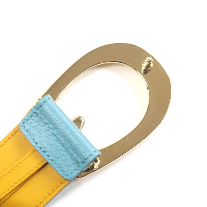 極美品▼GUCCI グッチ Memorable Buckle 709954 Gロゴバックル バイカラー レザーベルト イエロー ブルー ゴールド金具 90・36 メンズ