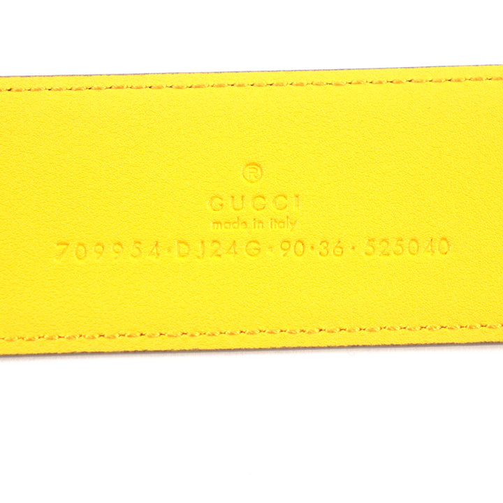 極美品▼GUCCI グッチ Memorable Buckle 709954 Gロゴバックル バイカラー レザーベルト イエロー ブルー ゴールド金具 90・36 メンズ
