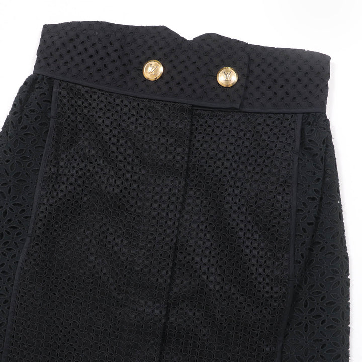 美品☆LOUIS VUITTON ルイヴィトン コットン シルク アイレットレースフラワーデザイン LV金ボタン スカート ブラック 36 伊製 正規品