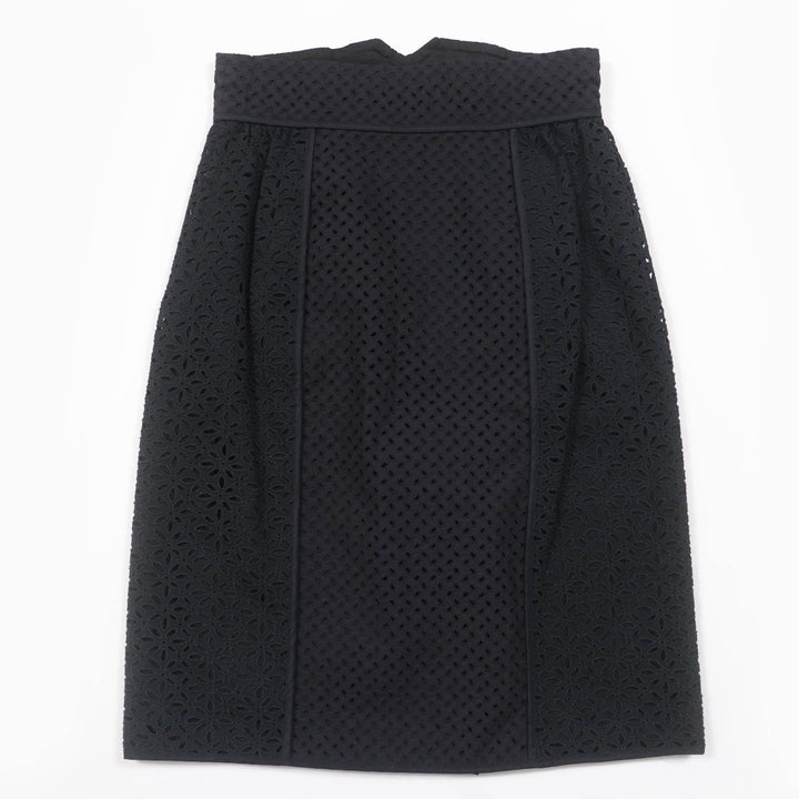 美品☆LOUIS VUITTON ルイヴィトン コットン シルク アイレットレースフラワーデザイン LV金ボタン スカート ブラック 36 伊製 正規品