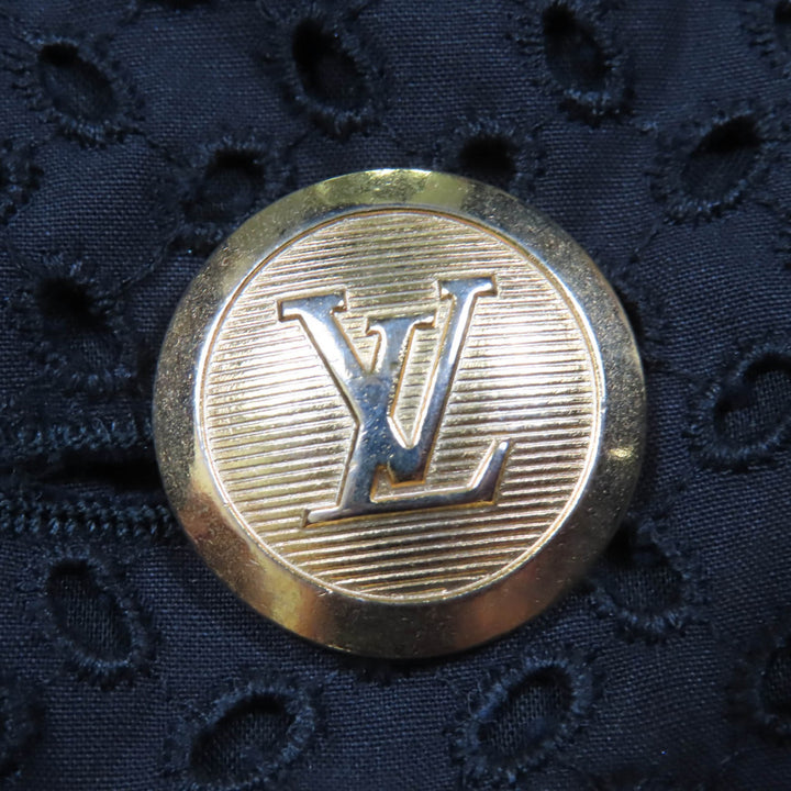 美品☆LOUIS VUITTON ルイヴィトン コットン シルク アイレットレースフラワーデザイン LV金ボタン スカート ブラック 36 伊製 正規品
