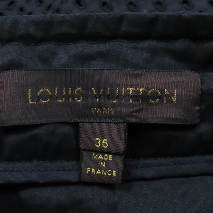 美品☆LOUIS VUITTON ルイヴィトン コットン シルク アイレットレースフラワーデザイン LV金ボタン スカート ブラック 36 伊製 正規品