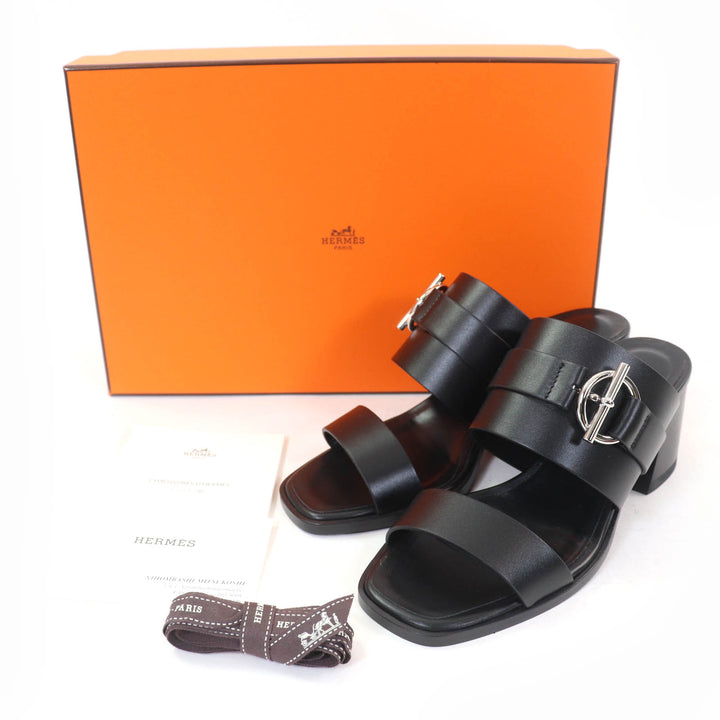 極美品☆HERMES エルメス キュート シルバー金具 2025年購入 グレナン金具 レザー サンダル ブラック 35 箱付き イタリア製 レディース