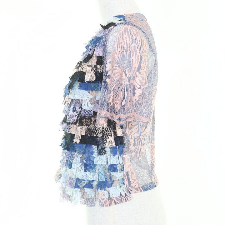 極美品◇CHANEL シャネル P53043 ココマーク金具付き 花柄 総レース 半袖 トップス ピンクベージュ ブルー マルチ 34 伊製 レディース