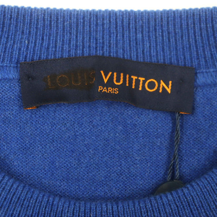 未使用品▼ルイヴィトン 19AW カシミヤ シルク インサイドアウト ロゴプレート付 クルーネック ニットセーター ブルー XXL 正規品 メンズ