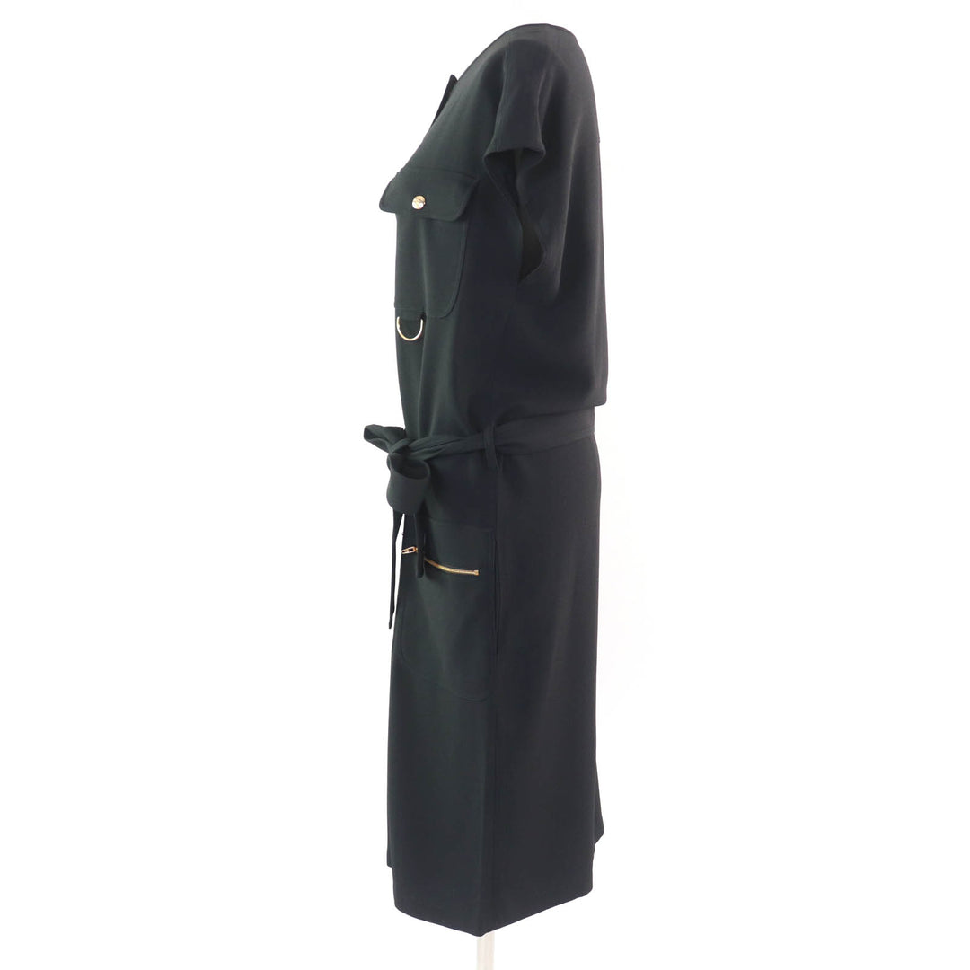 極美品★CELINE セリーヌ 23SS 2R59G865C トリオンフボタン ベルト付 フレンチスリーブ ワンピース アーミードレス ブラック 36 正規品