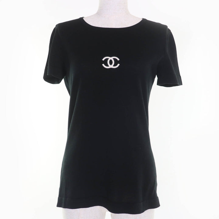 美品☆CHANEL シャネル ヴィンテージ 95P P04540 コットン100％ ココマーク 半袖 ニット トップス ブラック 38 フランス製 レディース