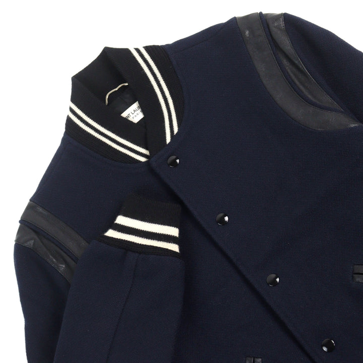 極美品○SAINT LAURENT PARIS サンローランパリ 354718 エディ期 レザー切替 スタジャン テディジャケット ネイビー系 44 メンズ