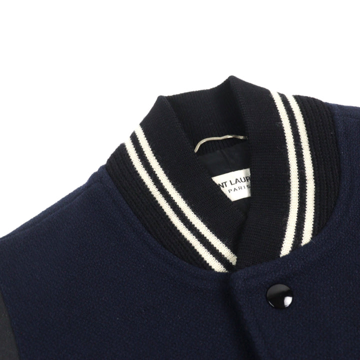 極美品○SAINT LAURENT PARIS サンローランパリ 354718 エディ期 レザー切替 スタジャン テディジャケット ネイビー系 44 メンズ