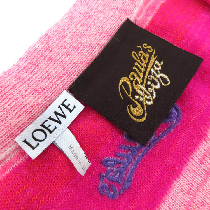 極美△LOEWE×Paulas Ibiza ロエベ×パウラズイビザ S616333X63 リネン モヘア ロゴ刺繍 ボーダー Vネック 長袖カーディガン M 伊製 正規品
