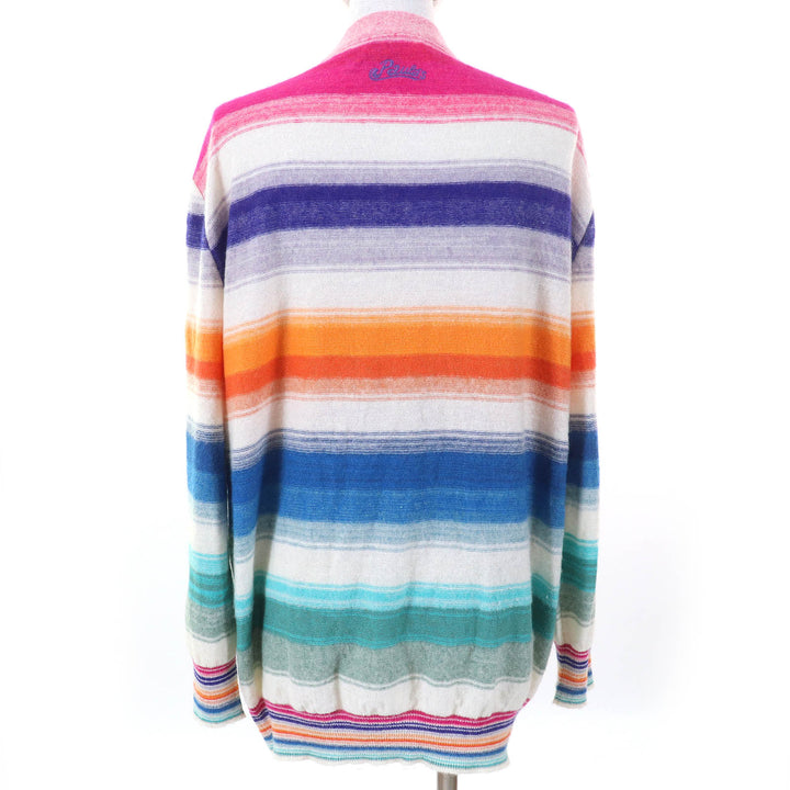 極美△LOEWE×Paulas Ibiza ロエベ×パウラズイビザ S616333X63 リネン モヘア ロゴ刺繍 ボーダー Vネック 長袖カーディガン M 伊製 正規品