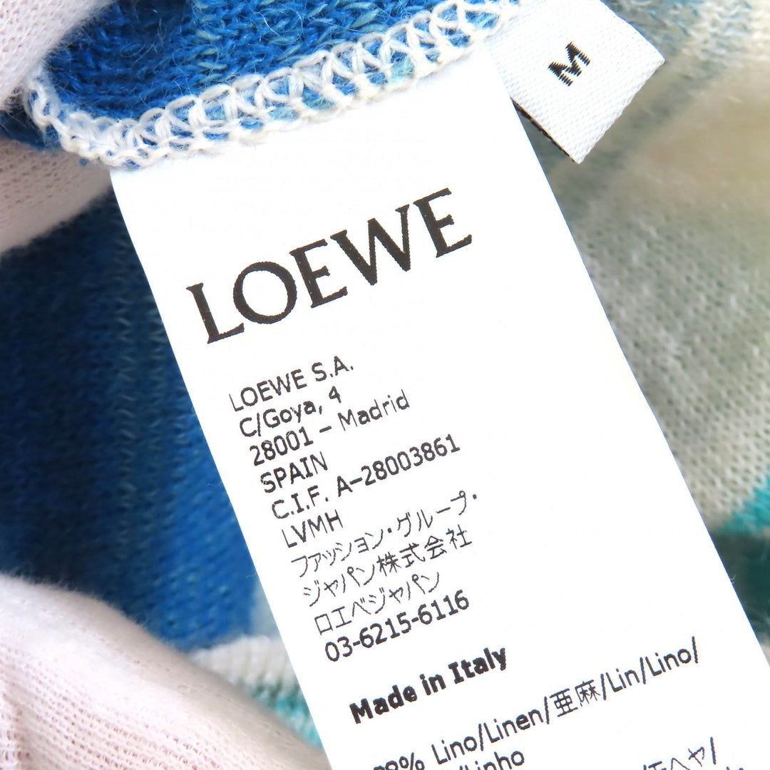 極美△LOEWE×Paulas Ibiza ロエベ×パウラズイビザ S616333X63 リネン モヘア ロゴ刺繍 ボーダー Vネック 長袖カーディガン M 伊製 正規品