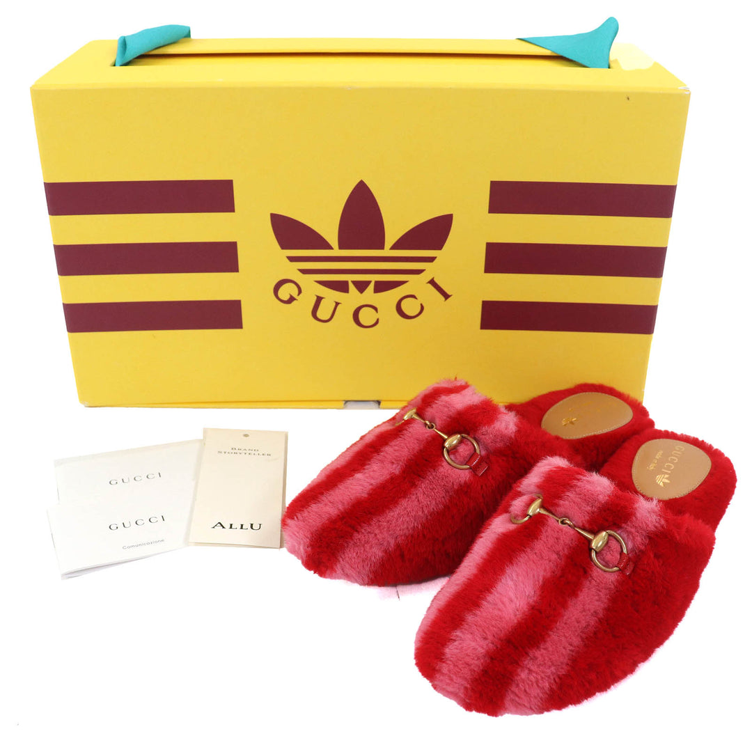 未使用品△GUCCI×adidas グッチ×アディダス 722442 ホースビット ストライプ ファー レザー ミュール レッド ピンク 35.5 保存袋付 伊製