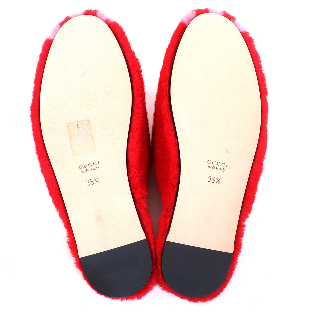 未使用品△GUCCI×adidas グッチ×アディダス 722442 ホースビット ストライプ ファー レザー ミュール レッド ピンク 35.5 保存袋付 伊製