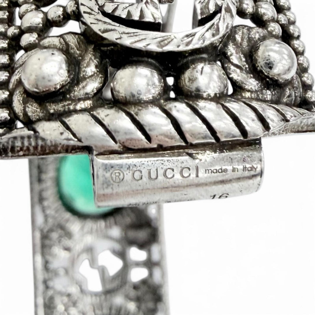 美品△GUCCI グッチ インターロッキングG フラワー キャットヘッド グリーンカラーストーン AG925 バングル シルバー 16 伊製 重量87.3g