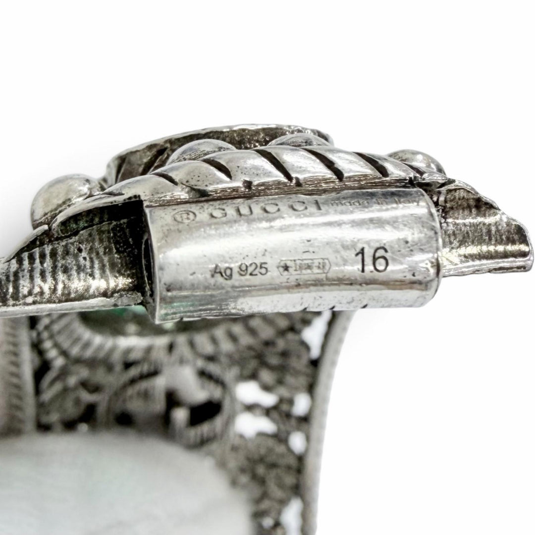 美品△GUCCI グッチ インターロッキングG フラワー キャットヘッド グリーンカラーストーン AG925 バングル シルバー 16 伊製 重量87.3g