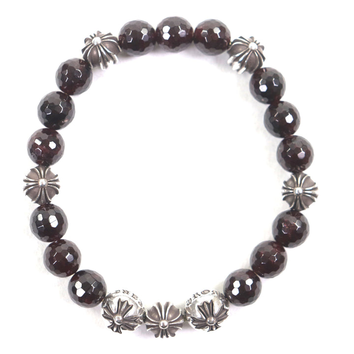 良品▼CHROME HEARTS クロムハーツ BEAD ガーネット 925 ブレスレット ボルドー シルバー 8mm 保存袋付き 重量40.1g メンズ アクセサリー