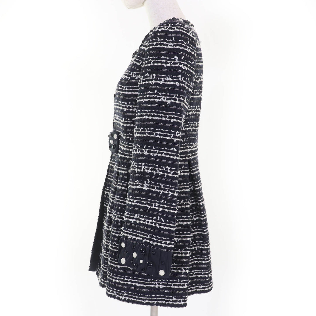 美品☆TO BE CHIC トゥービーシック コットン ビーズ装飾 ツイード ノーカラーコート ダークネイビー 40 正規品 レディース