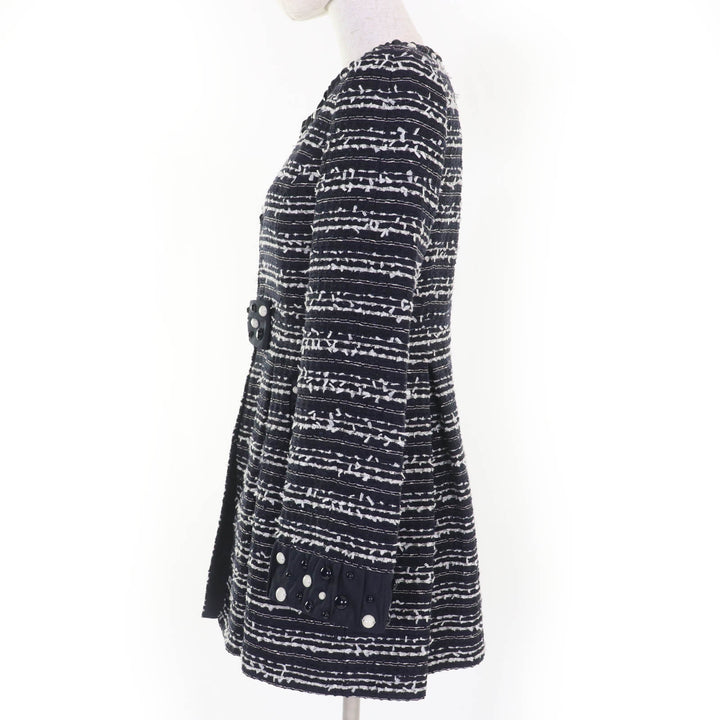 美品☆TO BE CHIC トゥービーシック コットン ビーズ装飾 ツイード ノーカラーコート ダークネイビー 40 正規品 レディース