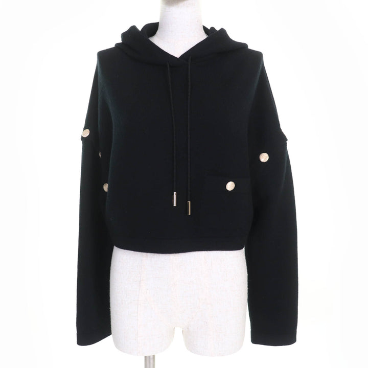 極美品☆CHANEL シャネル P72799K10443 カシミヤ100％ ココマークボタン 2WAY クロップド丈 ニット パーカー ブラック 34 正規品