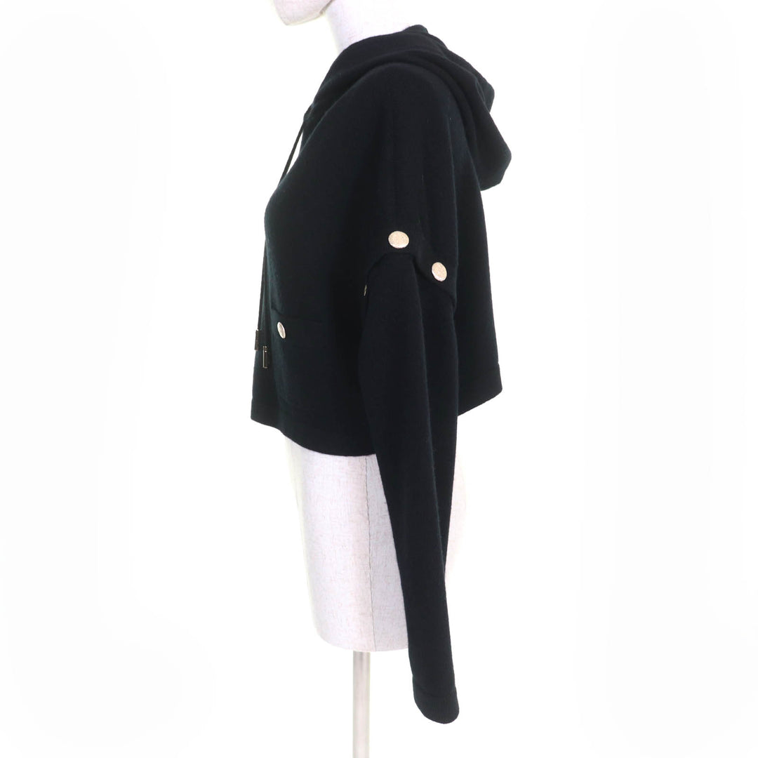極美品☆CHANEL シャネル P72799K10443 カシミヤ100％ ココマークボタン 2WAY クロップド丈 ニット パーカー ブラック 34 正規品