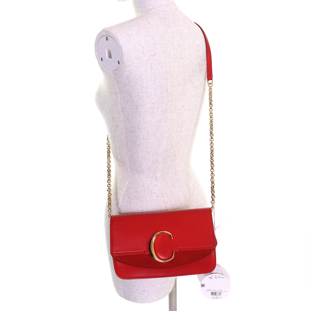 極美品△Chloe クロエ CHC19SS192A37640 クロエ C ロゴ スウェードレザー使い レザー チェーン ショルダーバッグ レッド 保存袋付き 伊製