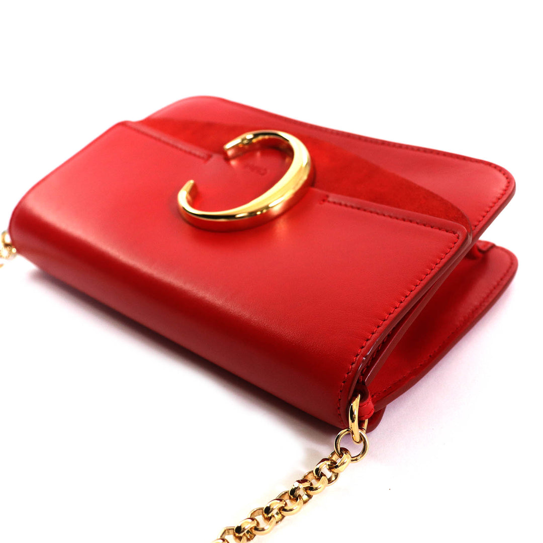 極美品△Chloe クロエ CHC19SS192A37640 クロエ C ロゴ スウェードレザー使い レザー チェーン ショルダーバッグ レッド 保存袋付き 伊製