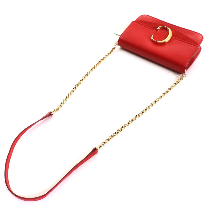 極美品△Chloe クロエ CHC19SS192A37640 クロエ C ロゴ スウェードレザー使い レザー チェーン ショルダーバッグ レッド 保存袋付き 伊製