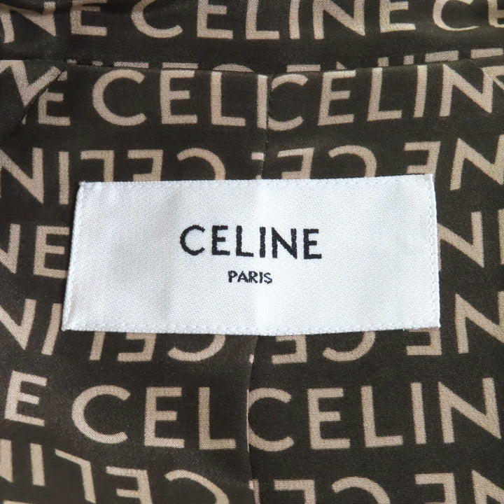 極美品★CELINE セリーヌ 2V19J983Q シルク100％ エディ期 トリオンフボタン 総ロゴデザイン ノーカラー ジャケット カーキ ベージュ　36