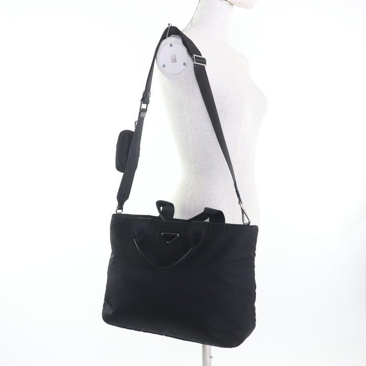 美品★PRADA プラダ 1BG867 Re-Nylon ポーチ・ショルダー付 トライアングルロゴ レザー使い 2WAY ハンドバッグ ブラック 伊製 レディース
